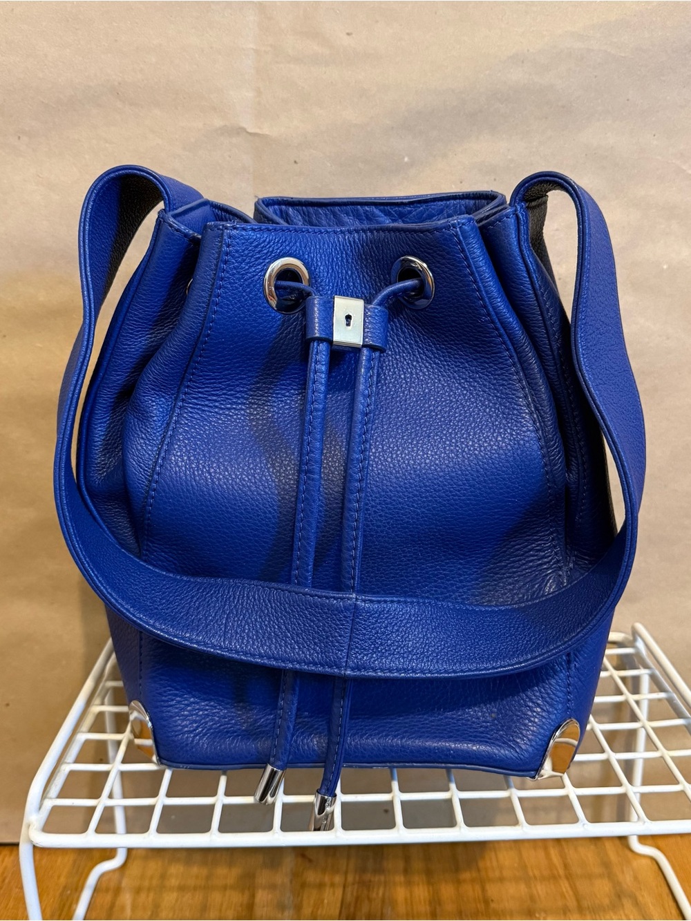 Vince Camuto Royal Blue Leather Drawstring Bucket Shoulder Bag
